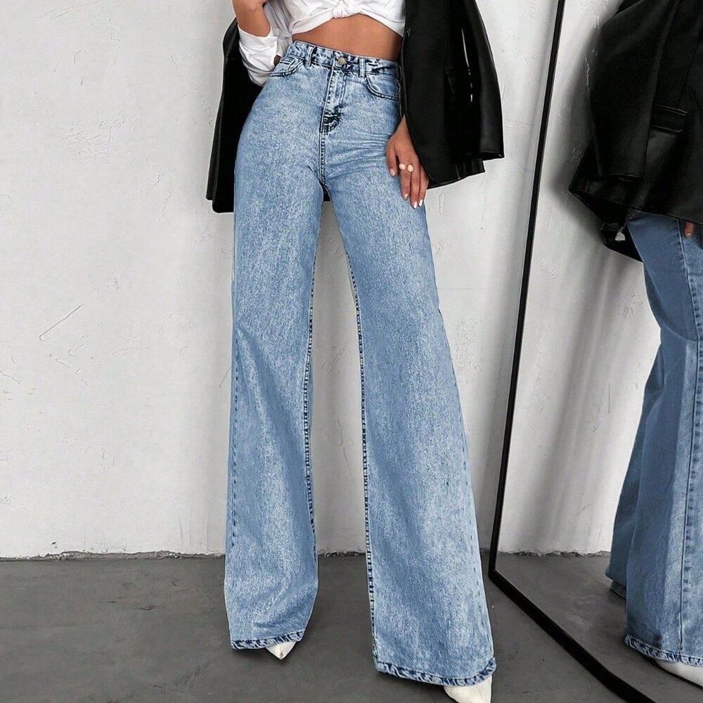 Medium Wash Casual Women's High Waist Wide Leg Jeans Slim Fit Denim Trousers - Picture 4 of 5